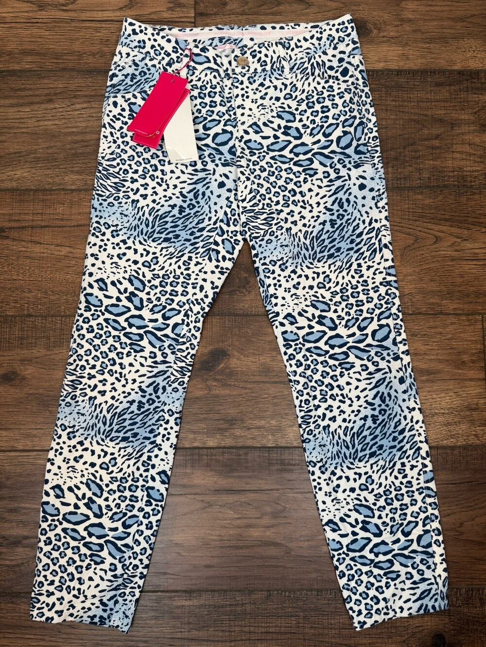 Alberto Golf Mono Leopard Print Blue White Women’s Slim Fit Pants Sz XS 4 NWT